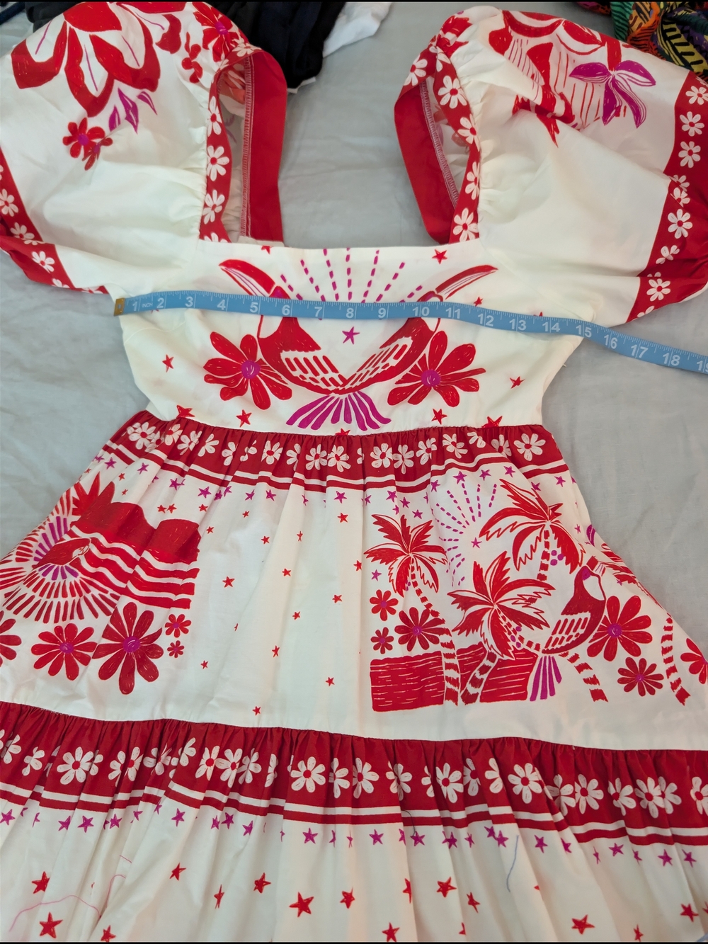 FARM Rio Red & White Toucan Tropical Print Puff Sleeve Tiered Midi Dress XS - Picture 6 of 8
